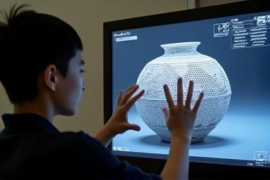 Person interacting with a 3D model on a screen.